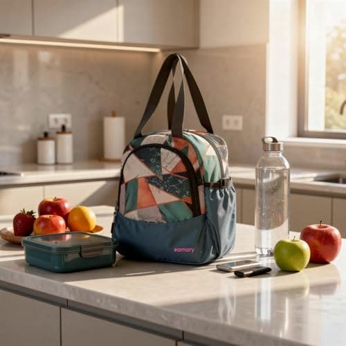 AMARY Lunch Bag for Kids – Water-Repellent, Durable Zipper & Stitching | Spacious Tiffin Carrier with Front Pocket & Bottle Holder | Multipurpose Storage Use - (Boat Pattern, Navy Blue)