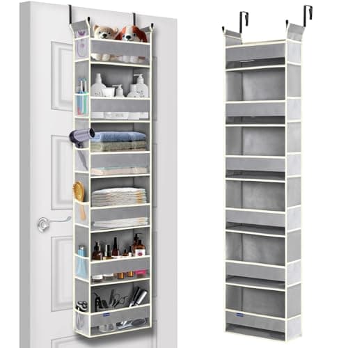 roomtalk Over The Door Organizer 6Shelves and 12 Side Pockets Over The Door Storage for Bathroom Bedroom Nursery Hanging Door Organizers for Baby Diapers and Kids Toys 13x5x54 Grey