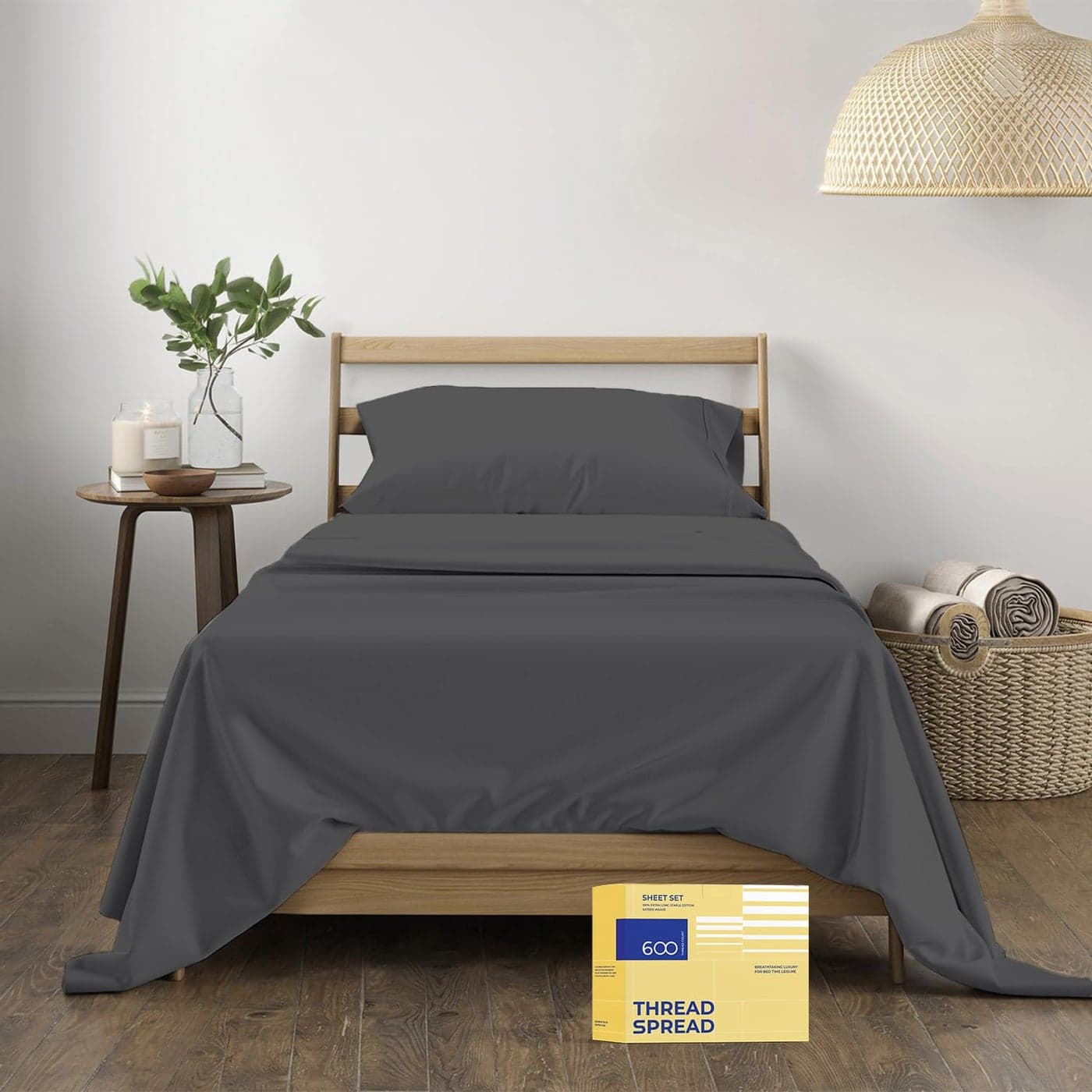 THREAD SPREAD Luxury Pure Egyptian Cotton Sheets Twin XL Size 600 Thread Count 3 PC Twin XL Sheets Deep Pockets Cooling Sateen Weave College Dorm Bedding Twin XL Fits Mattress Upto 18 Dark Grey