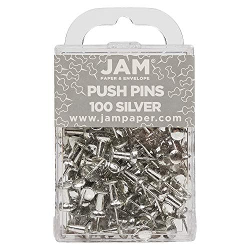 JAM PAPER Colorful Push Pins - Silver Pushpins - 100/Pack