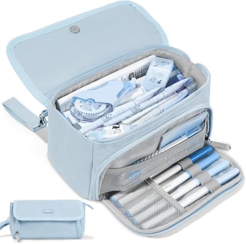 Sooez Super Large Pencil Case, Big Capacity Pencil Bag with 3 Compartments, can hold 100 pencils,Cute Pencil Pouch with Zipper,Portable Stationery Pen Bag,Aesthetic School Supplies For Girls,Haze Blue