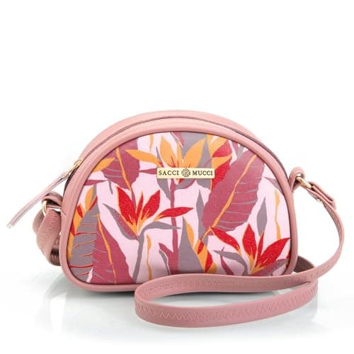 SACCI MUCCI Sling Crossbody Bag for Girls and Women | Made with Durable Vegan Leather and Handprinted Canvas Material | Zip Closure- Exotic Jungle (Blush)