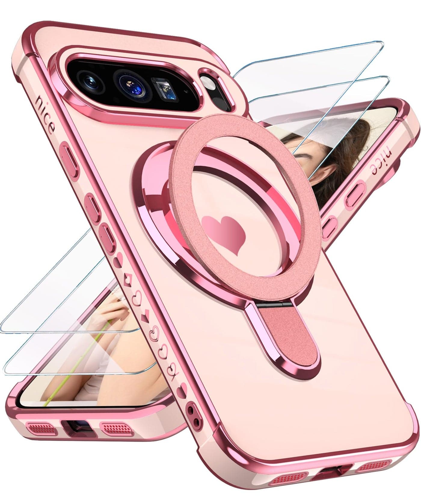 Liufcx for Google Pixel 10 Pro XL Love Heart Kickstand Case with 2X Screen Protector: Luxury Plated Gold Edge Slim Soft TPU Shockproof Protection Case Cover for Pixel 10 Pro XL (Pink)