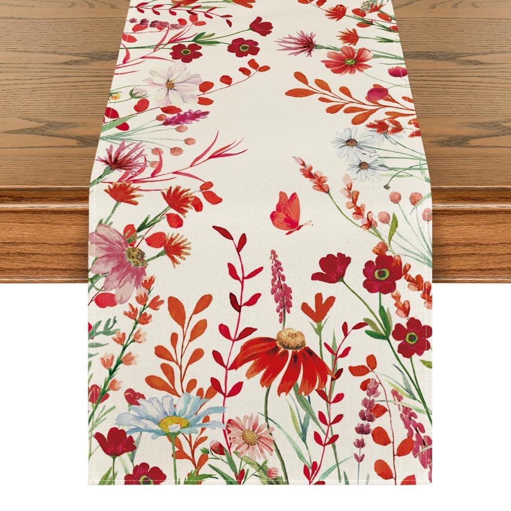 Artoid Mode Daisy Eucalyptus Lavender Floral Leaves Summer Table Runner Spring Kitchen Dining Table Decoration for Home Party Decor 13x72 Inch