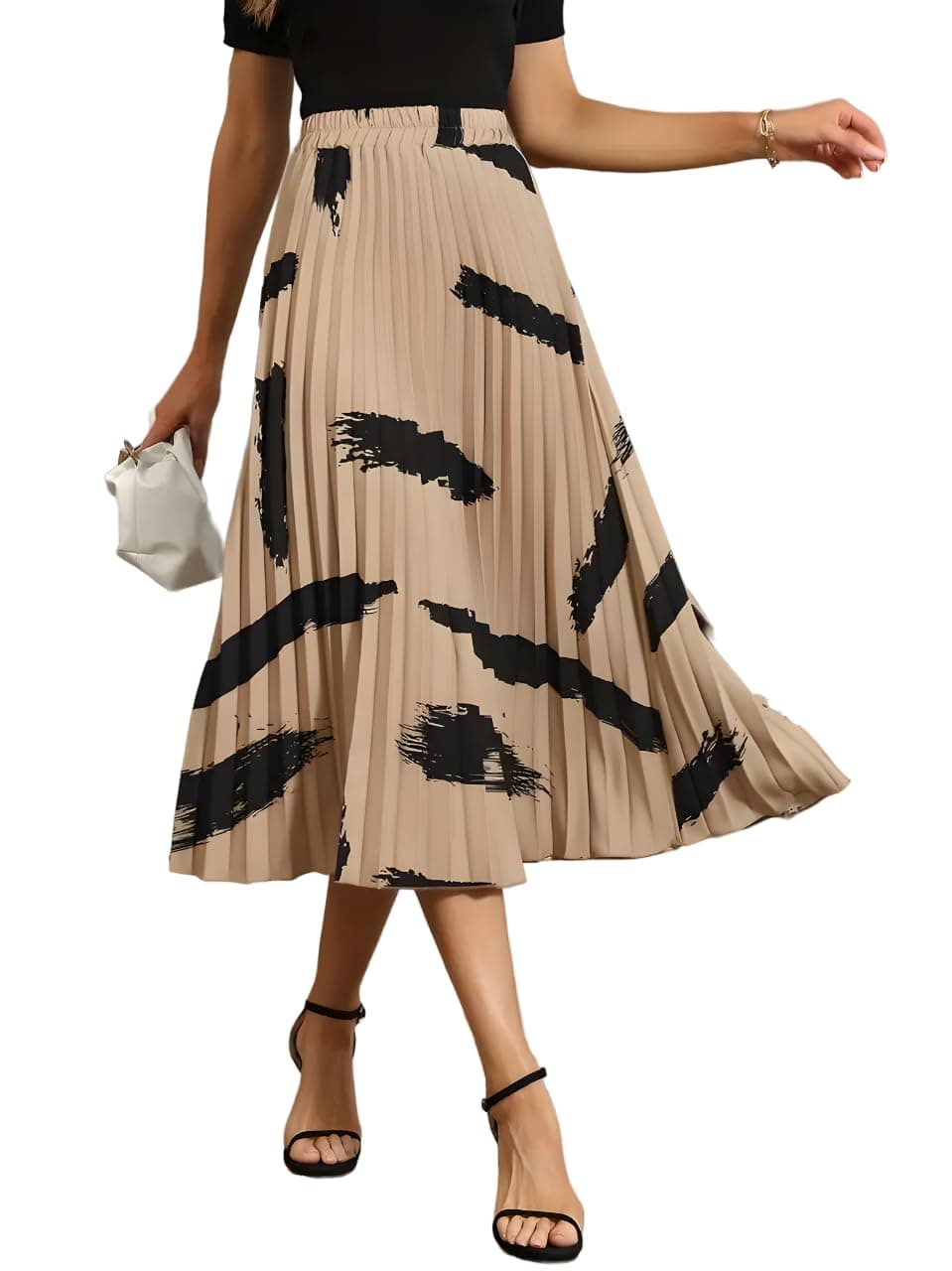 OTABU | Stylish Elegance | Printed Midi Skirt | Featuring Elegant Pleats | A-Line Hemline for a Classic Look Cream