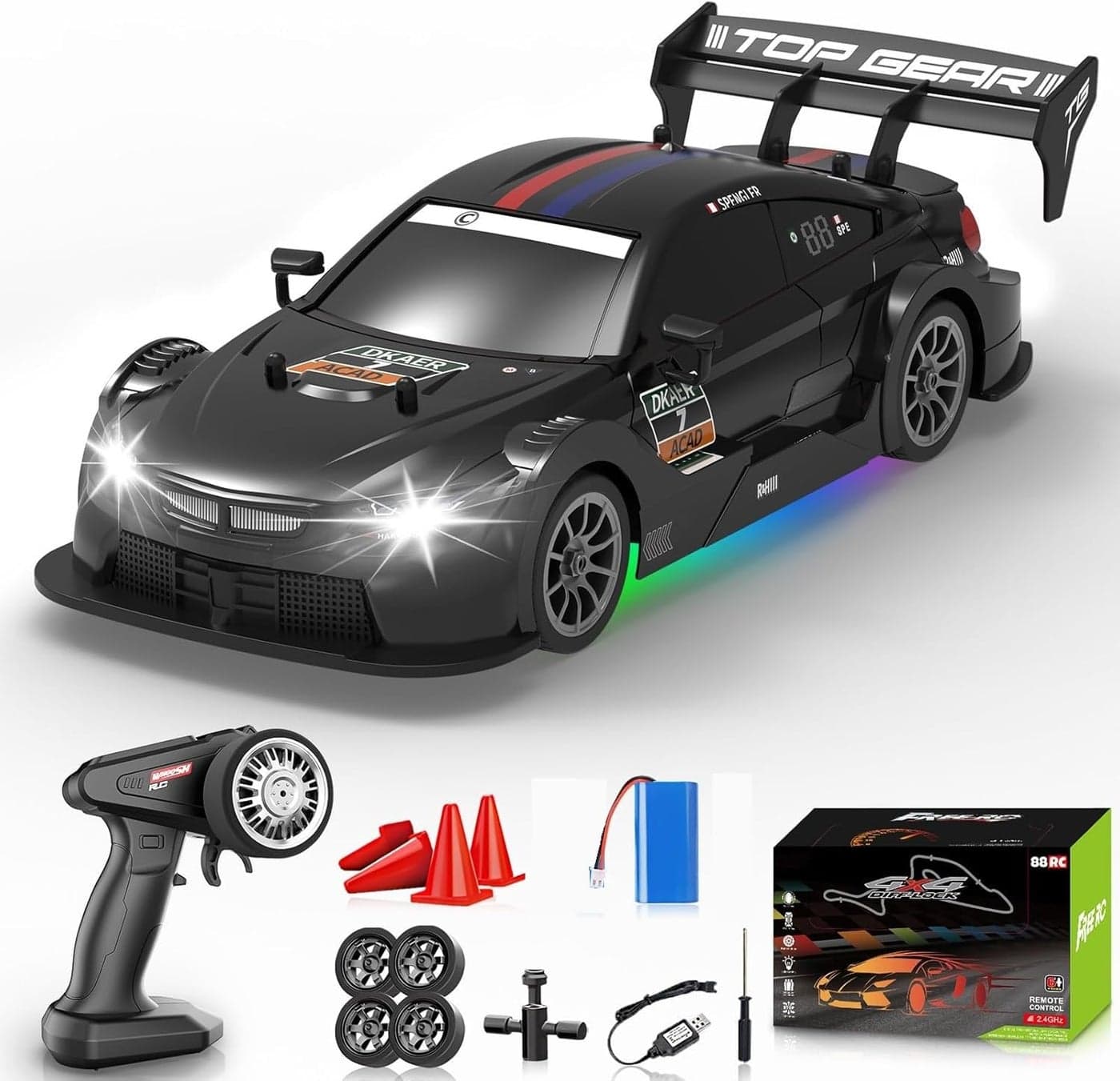 Bestie toys RC Drift Car 2.4GHz, 1/16 Remote Control Cars 4WD Fast Drifting Car Rechargeable RC Cars for Adults Kids Black Hobby Racing Vehicle with Lights Drifting Tire Toy for Boys
