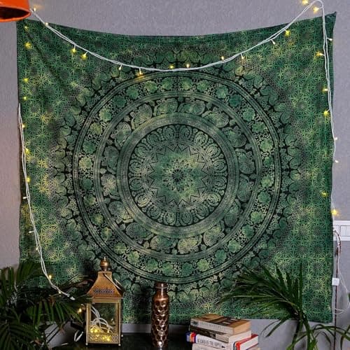 Craft Trade Indian Cotton Mandala Wall Hanging Tapestry for Aesthetic Boho Hippie Living Room, Meditation & Bedroom Décor - Green - 30x40 Inches