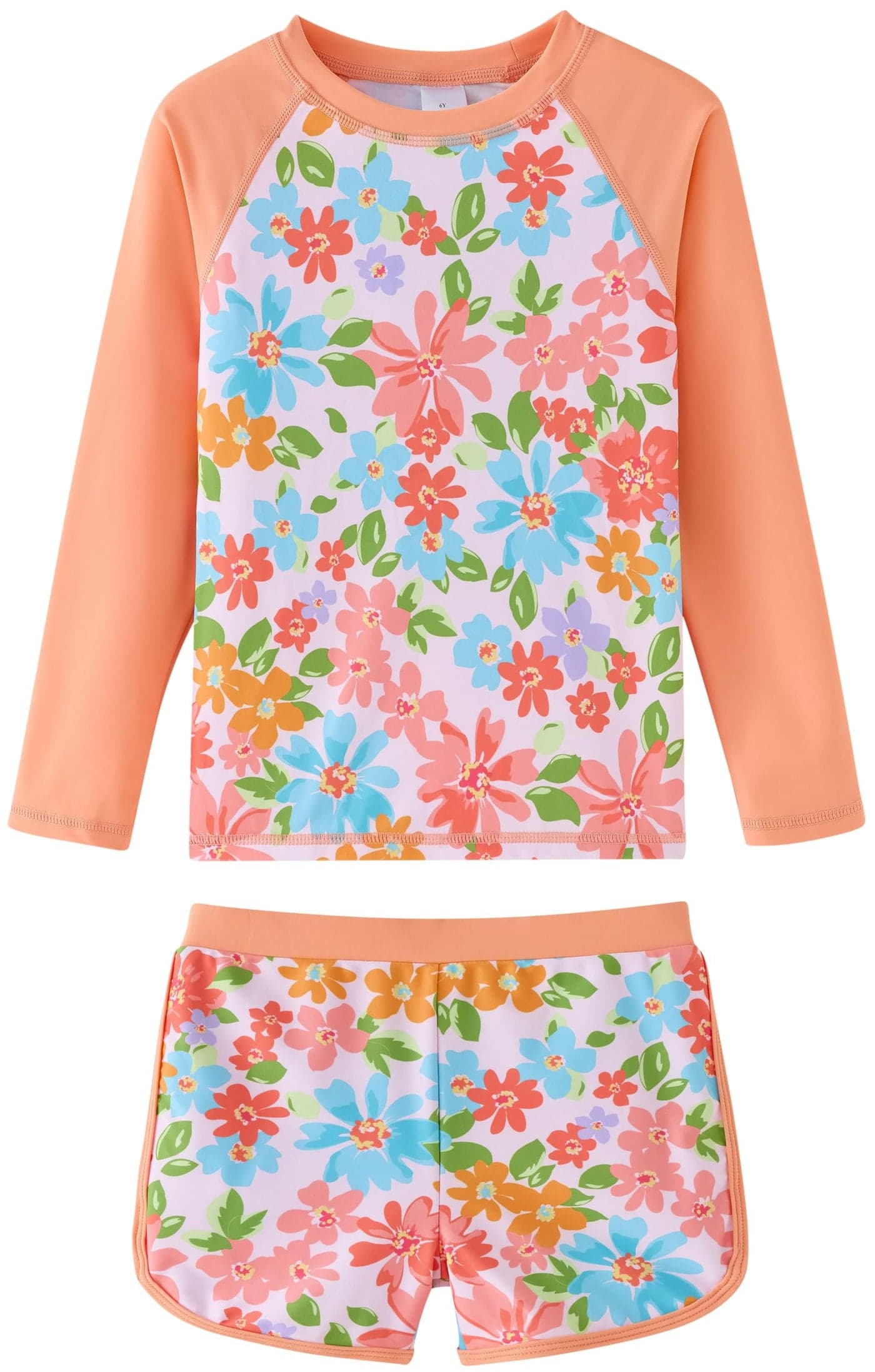 UMELOK Girls Rash Guard Swimsuit 2-Pieces Bathing Suit Long Sleeve UPF 50+ Sun Protection Swimwear Sets Orange Blue Flower,8 Years