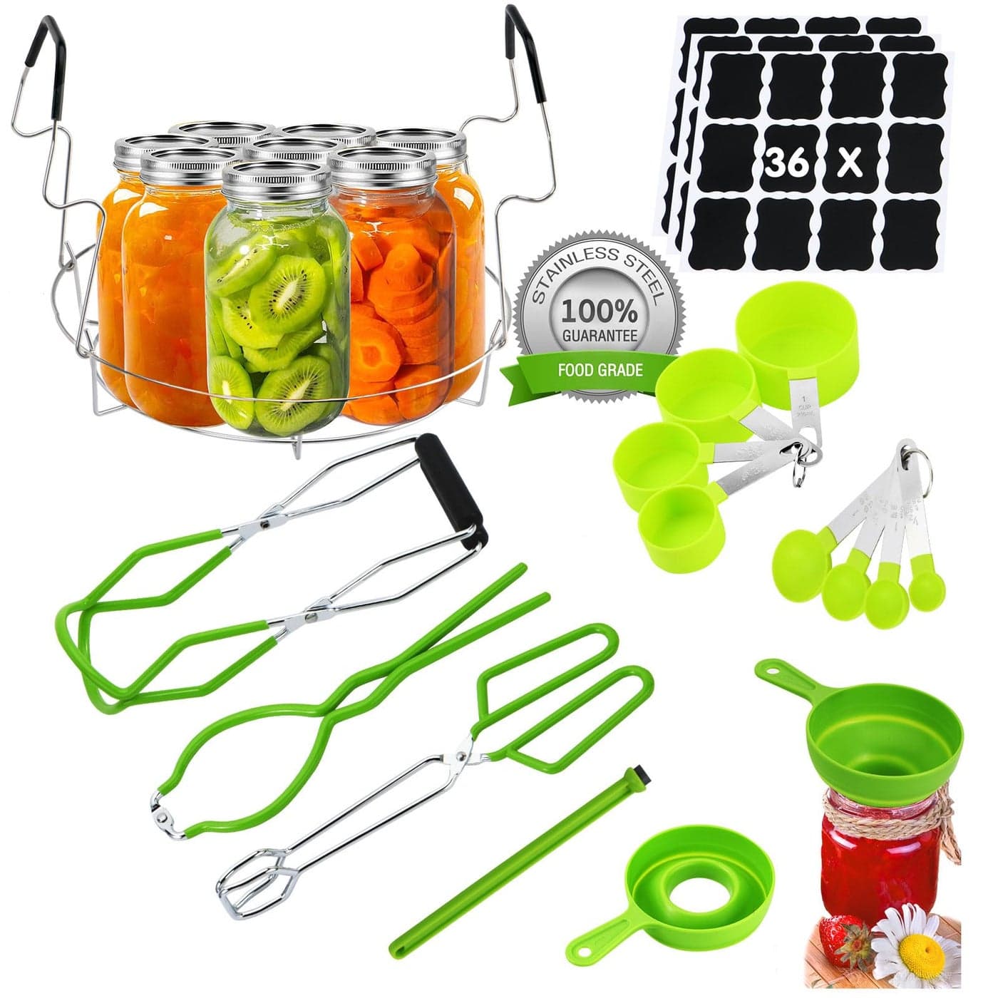 Canning Supplies Starter Kit Stainless Steel Canner Tools Set with Canning Rack Jar Lifter Tongs Funnel Labels Jar Wrench for Canning Pot Accessories Light Green with Rack