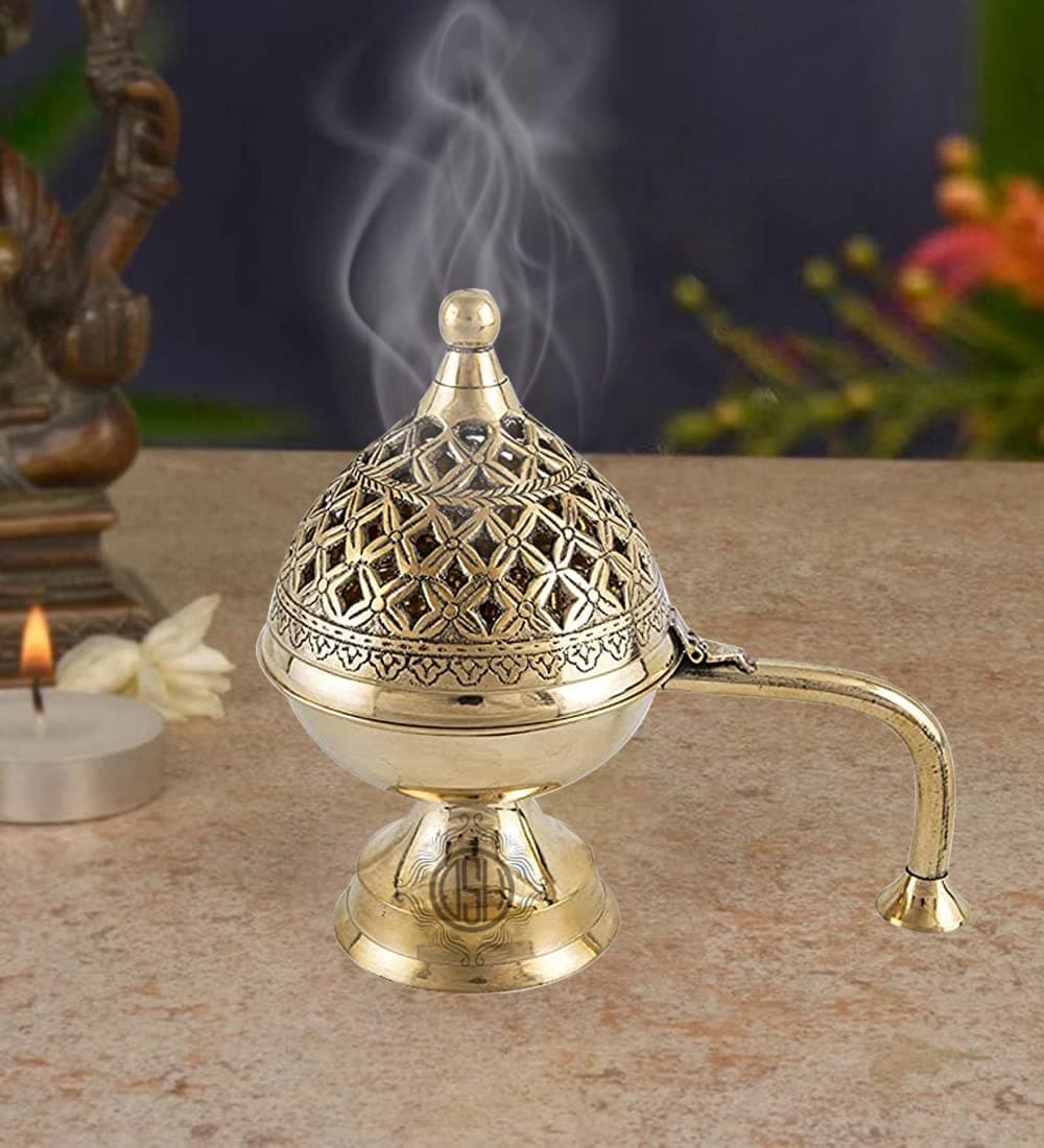 DSH CRAFTING YOUR CURIOSITY Dsh Home Purifying Brass Dhuna Loban Burner Dhooni Dhoop Dani Dhuni Brass Table Dhoop Dani Incense Burner For LobanRound