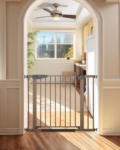 Cumbor 297406 Baby Gate for Stairs Moms Choice Awards WinnerDog Gate for Doorways Pressure Mounted Self Closing Pet Gates for Dogs Indoor Durable Safety Child Gate with Easy Walk Thru Door