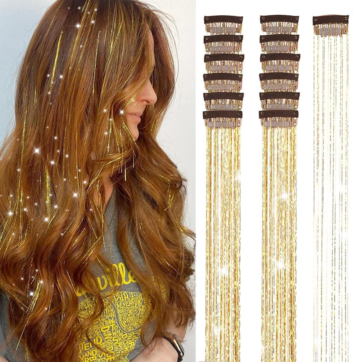 Gold Hair Tinsel Packs of 12Pcs Clip in Hair Tinsel Kit 205 inch Fairy Hair Tinsel Heat Resistant for Women Girls Glitter Hair Extensions for Christmas New Year Halloween Cosplay Party Golden
