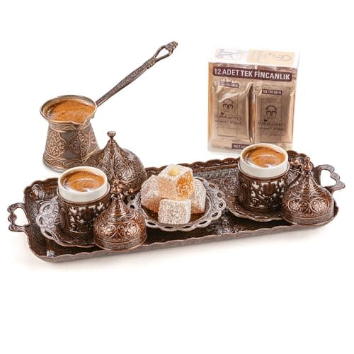 Alisveristime Premium Turkish Coffee Set - 12-Person Turkish Coffee, Cezve, 2-Person Cups, Delight Bowl, and Tray (4 Colors) (Brown)
