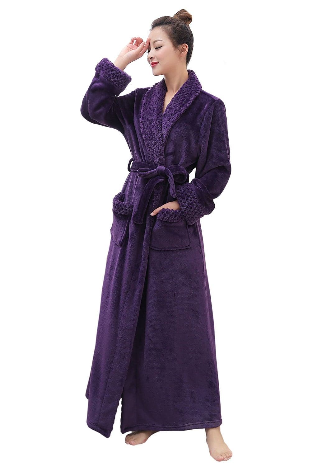 Hellomamma Long Bath Robe for Womens Plush Soft Fleece Bathrobes Nightgown Ladies Pajamas Sleepwear Housecoat Purple LXL