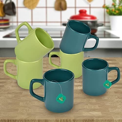 URBAN CHEF Droite Ceramic Handcrafted Shine Matte Dark Green & Parrot Green Cup-Microwave Safe Tea/Milk with Handle Ideal Best for Self Use Or Gifts(Set of 6,100 ML Each) Ceramic Cup