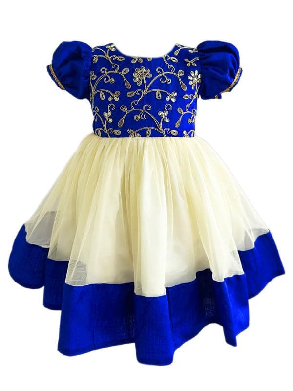 Stanwells Kids Baby Girls Frocks Knee Length Birthday Net Flared Ruffle Pattern Puff Sleeve Traditional Embroidery Western Frock Princess Birthday Party Perfact Dress for Girls (Royal Blue 3-4 Years)