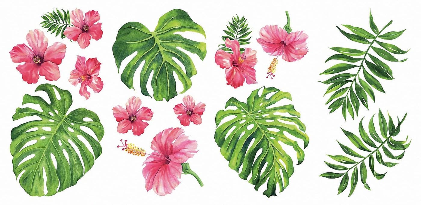 RoomMates RMK3904SCS Tropical Hibiscus Flower Peel and Stick Wall Decals Pink Green Orange