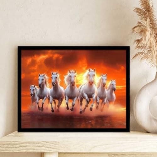 kotart Seven Running Vastu Lucky Horse Rising Sun Painting Wall Décor | 7 Horses Vastu Frame Wall Art Painting for Living Room Bedroom Office Home Décor Size 19x25 inch