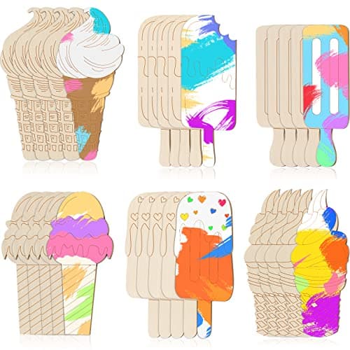 Chunful 30 Pieces Ice Cream Wood Cutouts Crafts Bulk Color Your Own Ice Cream Cones Unfinished DIY Coloring Wooden Crafts Blank Wood Painting Kits for Summer Art Donut Party Favors 6 Styles