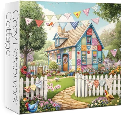 Patchwork House Puzzles for Adults 1000 Pieces Colorful Quilting Patchwork Cottage Jigsaw Puzzles Flower Garden Chicken Animal Art Puzzles