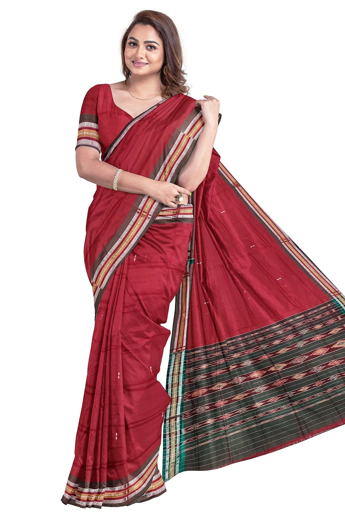 BTHIKIRI Odisha Sambalpuri Handloom Ikat Women's Cotton Saree, Ikkat Orissa Traditional Handloom Saree Without Blouse Pic (Red, BTHI 417)