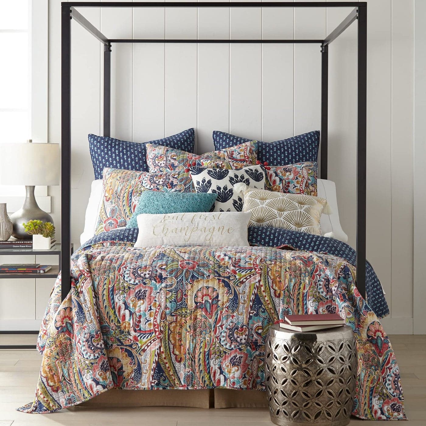 Levtex Home Nanette Quilt Set FullQueen Quilt 88x92in Two Standard Pillow Shams 26x20in Bohemian Paisley Navy Teal Green Red Gold Pink Reversible Cotton Fabric