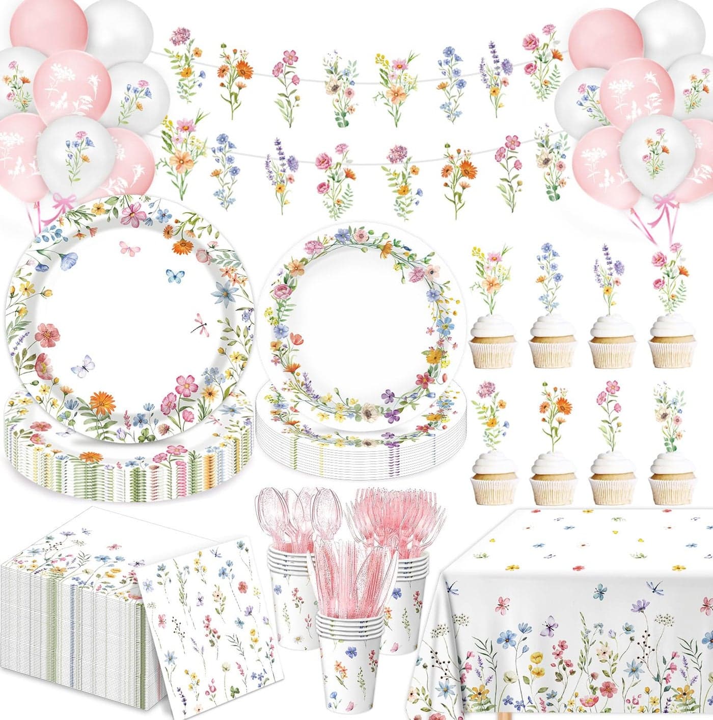 LINHAXM 175 PCS Spring Wildflower Party Decorations include Plates, Cups, Napkins, Cutlery, Cake Toppers, Banner, Tablecloth, Balloons for Floral Baby Shower Birthday Decorations, Serves 20