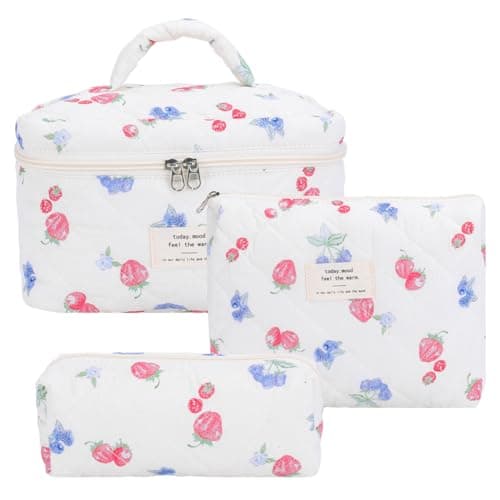 Quilted Makeup Bag Set 3 Pcs Cotton Cute Makeup Bags For Women Large Aesthetic Floral Cosmetic Bag Coquette Flower Makeup Pouch