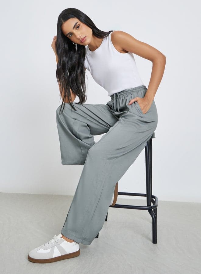 Styli Grey Linen Look Wide Leg Pants with Pintuck