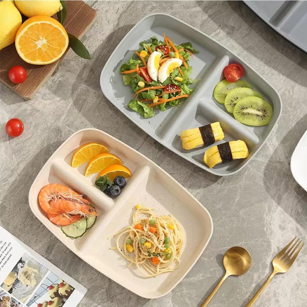 Oicia Wheat Straw Rectangular Divided Plates Tray 3 Sections Dinner Plates for Adults Kids Picky Eaters Campers and Portion Control Unbreakable 3 Compartments Dish Random Color Pack of 2