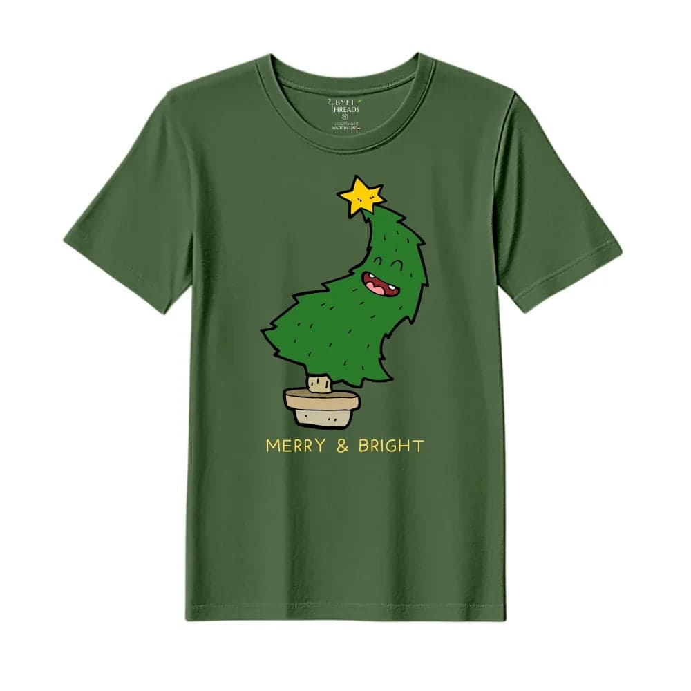 BYFT Threads Large Forest ELF Green Polycotton T-Shirt - Christmas "Merry & Bright" Printed Design, Premium Holiday Collection