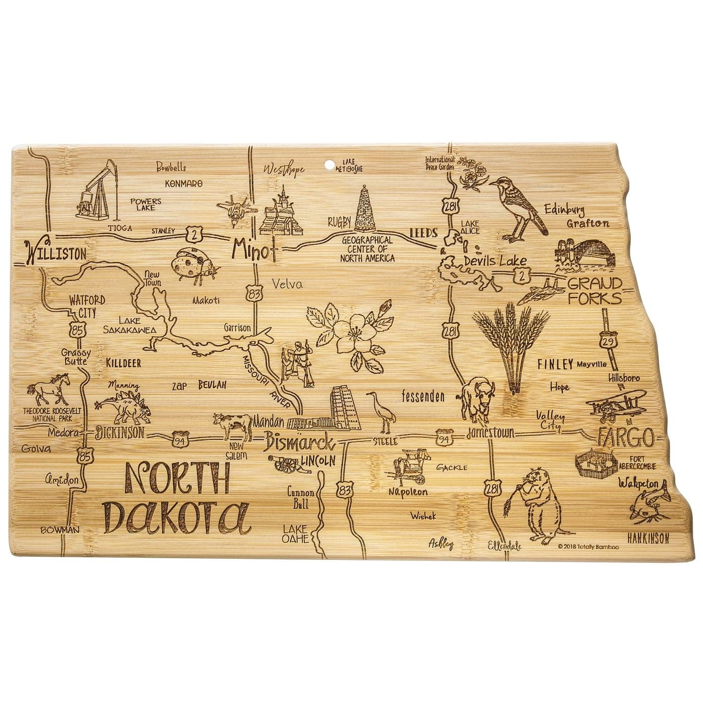 Totally Bamboo Destination North Dakota State Shaped Serving and Cutting Board Includes Hang Tie for Wall Display