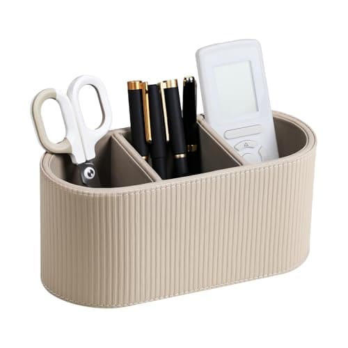 Cretkhp Aesthetic Remote Control Holder, PU Leather Pen Holder for Desk with 3 Compartments for Home Office Supplies and Accessories, Stylish Bedside Remote Holder Nightstand Desktop Organizer (Beige)