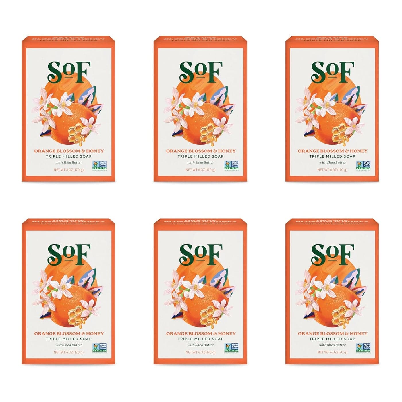SoF Triple Milled Bar Soap - With Coconut Oil & Organic Shea Butter- Vegan & Non GMO- Free From Phthalates, Sulfates & Parabens- Orange Blossom & Honey - 6 oz Bar 6 Bars
