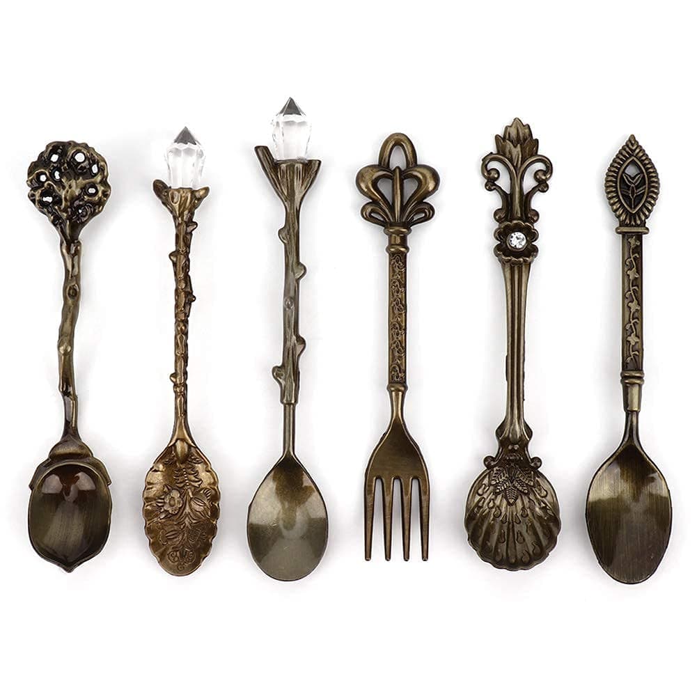 6Pcs Teaspoon Set Innovative Vintage Retro Zinc Alloy Spoons Fork Set Sugar Cake IceCream Cutlery Kitchen AccessoryGreen bronze love fork handle