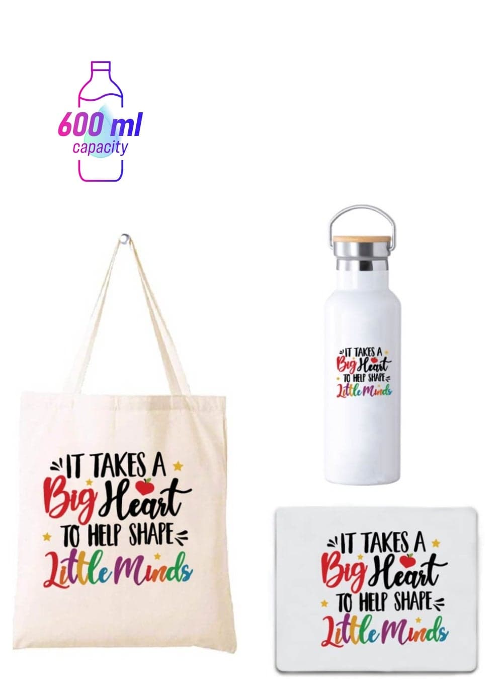 Teacher's Day Pack of 3 Combo Pack - Stainless Steel Bamboo Cap Flask Bottle 600ml, Cotton Bag and Mousepad - Teacher's Day Gift Set - Gift for World Teachers Day