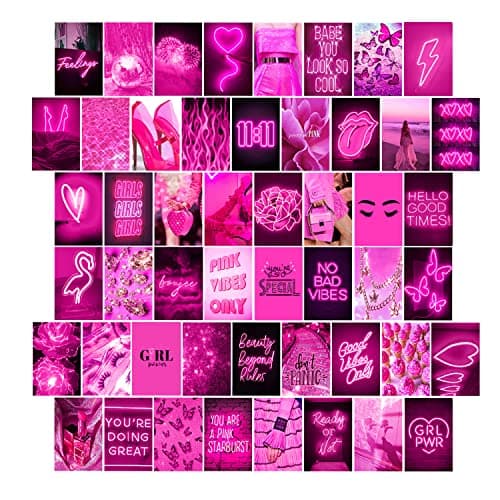 WOONKIT Pink Neon Wall Collage Kit Aesthetic Pictures, Trendy Room Decor for Teen Girls, Pink , 50pcs 4x6 Inch