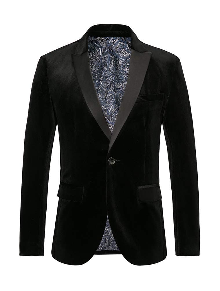 THWEI Mens Velvet Blazer Slim Fit Suit Jacket One Button Tuxedo Blazer Wedding Prom Dinner Black L