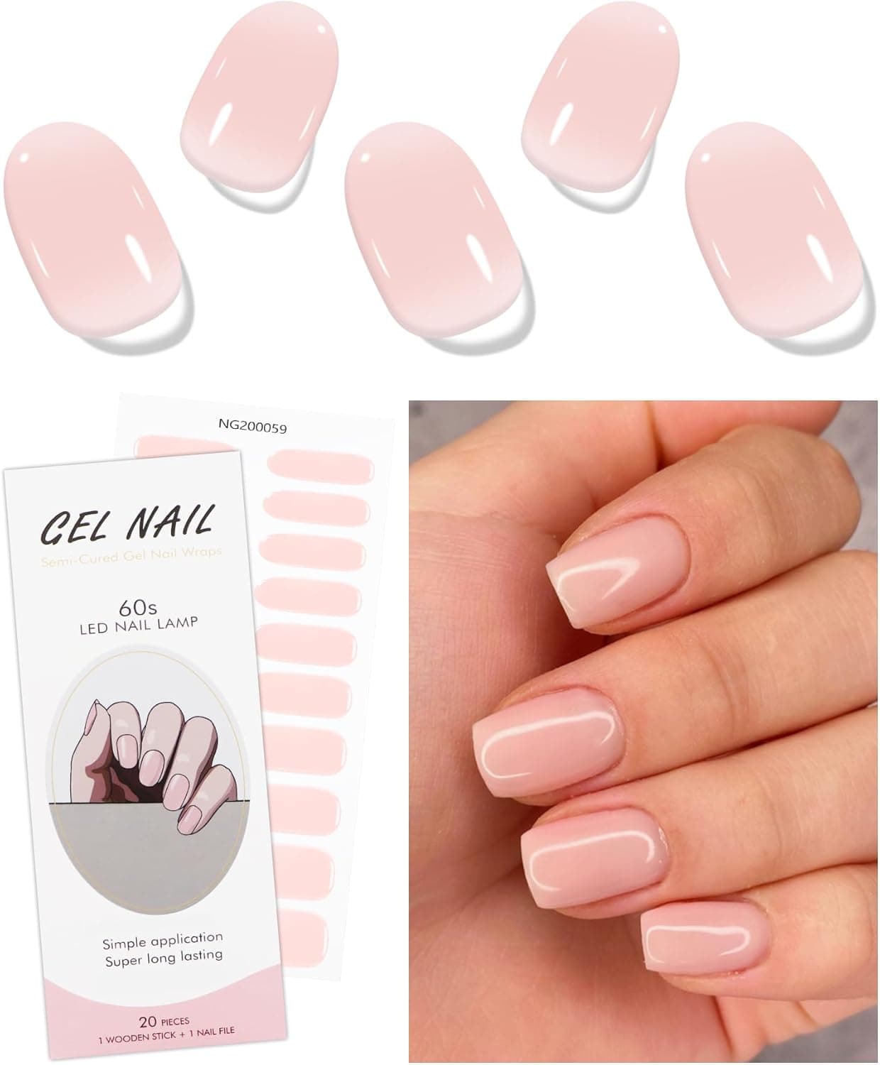 JMEOWIO Gel Nail Stickers Cream Light Pink Semi Cured Gel Nail Strips Wraps UVLED Nails Art Design Decoration Accessories
