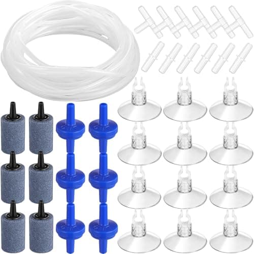 Shappy 65 Feet 12 Pcs Aquarium Air Pump Accessories Standard 15 Tubing Aquarium Air Tubing for Fish Tank Contains Stones Check Valves Suction Cups Straight Connectors Tconnectors