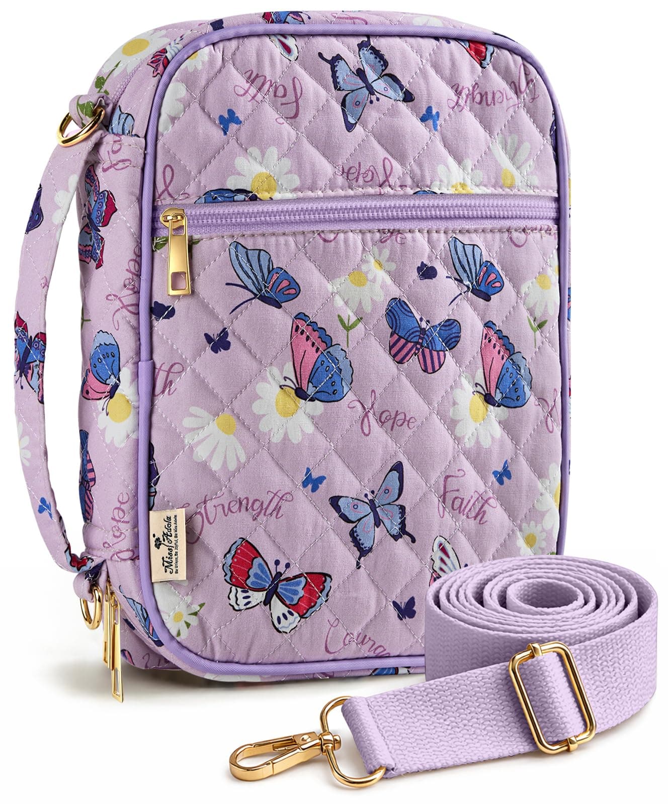 Miss Adola Bible Cover Case for Women - Quilted Bible Carrying Case Organizer Study Bag with Zipper Handle and Shoulder Strap Purple Butterflies Book Cover for Teen Girls