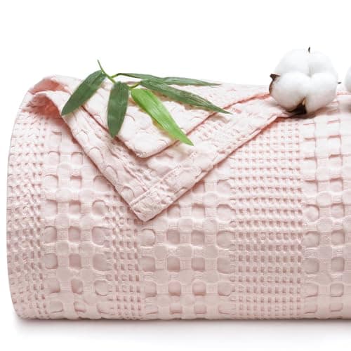 PHF Cooling Waffle Blanket King Size Lightweight 60 Rayon from Bamboo 40 Cotton Breathable Blanket for Hot Sleepers Summer Use Soft Luxury for Bed Couch Sofa 104x90 Pink