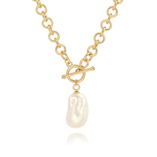 PEARLADA Large Baroque Pearl Pendant Necklace, 18k Gold Chunky Chain Link Necklace for Women, Statement Necklace with Toggle Clasp