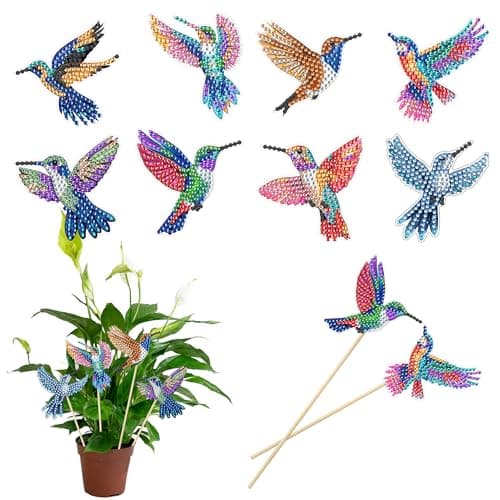 Bimkole 8 Pcs Hummingbird Diamond Art Kits for Adults 5D DIY Plant Stake Flower Pot Decoration Small Hummingbird Stakes Diamond Art Supplies Crafts for Indoor Outdoor Garden Yard Party Decor