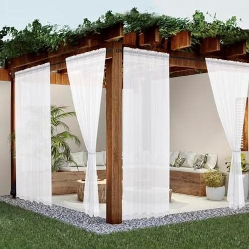 youleyar White Sheer Outdoor Curtains for Patio Waterproof 2 Panels Linen Look Rod Pocket Indoor Voile Curtain for Living Room, Bedroom, Porch, Pergola, Cabana, Gazebo(52x96 Inch, White)