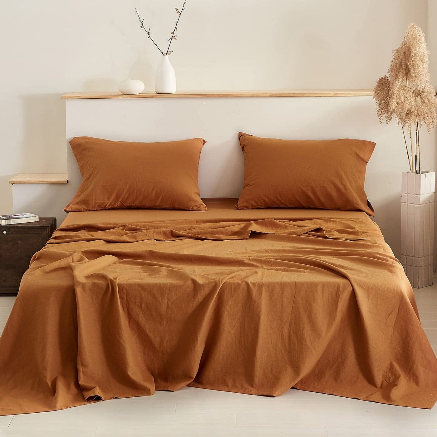 SimpleOpulence Belgian Linen Sheet Set Solid Color Sheet Set 4PC Cal King Natural Flax Cotton Blend Soft Breathable Farmhouse Bedding California King Rust