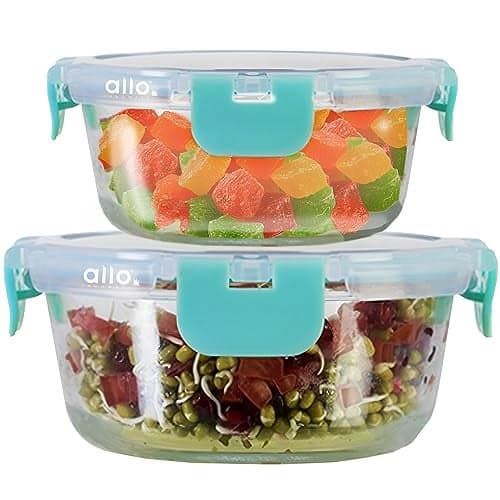 Allo Food Safe Glass Containers with Lids with Break Free Lock, Microwave Safe Containers,Borosilicate Meal Prep Glass Food Storage Containers for Kitchen, Set of 2, 215ml, 390ml, Round