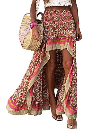 BTFBM Women 2025 Summer Spring Boho Long Skirts Dress Floral Print Elastic Waist Split Ruffle High Low Beach Maxi Skirt(X-Red, Large)