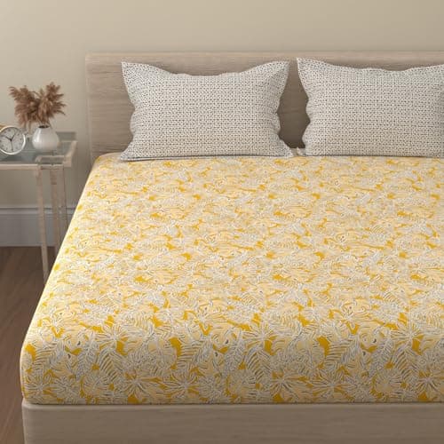 Huesland by Ahmedabad Cotton 144 TC Cotton Bed Sheets for Double Bed with 2 Pillow Covers | Yellow & Grey