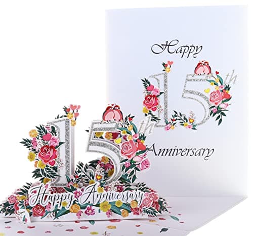 iGifts And Cards Happy 15th Milestone Anniversary 3D Pop Up Greeting Card - Fifteenth Anniversary, Crystal Wedding Celebration, Present For My Wife, Husband, 15 Year Of Special Love, Lovebirds